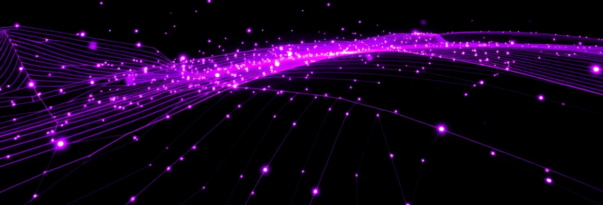 Rede de pontos e linhas em roxo sobre fundo preto, representando a busca por IA onde a loja pode ou não ser citada, em cena escura e roxo.