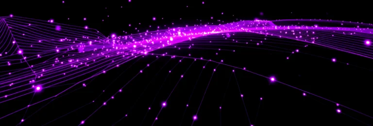 Rede de pontos e linhas em roxo sobre fundo preto, representando a busca por IA onde a loja pode ou não ser citada, em cena escura e roxo.