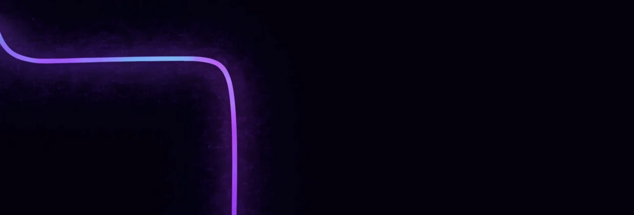 Linha de luz roxa que vinha subir firme sobre fundo preto e trava de repente num ponto, com o traço se apagando à frente, representando uma campanha que parou de vender sem aviso, em cena escura e roxa.