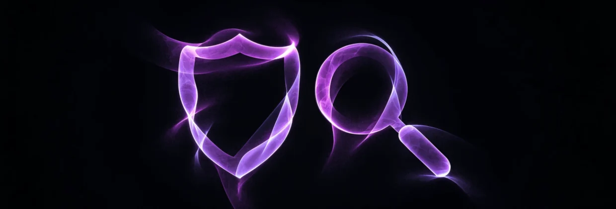 Pessoa de expressão preocupada diante de uma tela onde um símbolo de escudo cobre o logo de busca, sobre fundo escuro com luz roxa, representando uma configuração de segurança que bloqueia o Google sem querer.
