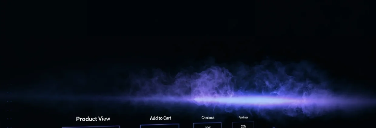 Funil de eventos do GA4 num e-commerce, da visualização do produto até a compra, em painel escuro e roxo.